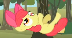 Size: 425x229 | Tagged: safe, screencap, apple bloom, earth pony, pony, g4, season 2, the super speedy cider squeezy 6000, apple tree, cropped, derp, dizzy, falling, female, filly, foal, solo, tree