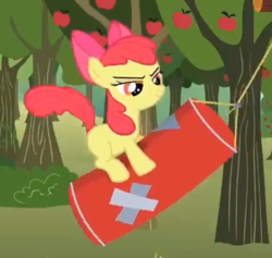 Size: 453x429 | Tagged: safe, screencap, apple bloom, earth pony, pony, g4, season 2, the super speedy cider squeezy 6000, apple tree, cropped, determined, female, filly, foal, punching bag, solo, tree