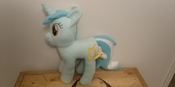 Size: 4000x2000 | Tagged: safe, artist:hoppip, lyra heartstrings, pony, unicorn, g4, banana, female, food, insertion, irl, lyra plushie, photo, plothole plush lyra, plushie