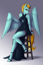 Size: 1976x2936 | Tagged: safe, artist:fairdahlia, lightning dust, pegasus, anthro, unguligrade anthro, g4, bare shoulders, breasts, clothes, commission, dress, eyeshadow, female, halterneck, lidded eyes, makeup, mare, sexy, short mane, sitting, solo, stool, wing fluff