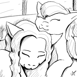 Size: 1000x1000 | Tagged: safe, artist:silence, oc, oc:heartbeat, oc:michpone, pony, black and white, cat pose, couple, grayscale, monochrome, oc x oc, shipping, sleeping, snuggling