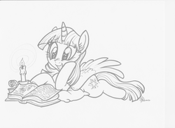 Size: 2064x1501 | Tagged: safe, artist:whitediamonds, twilight sparkle, alicorn, pony, book, candle, commission, cute, female, grin, mare, monochrome, pillow, prone, reading, smiling, solo, that pony sure does love books, traditional art, twiabetes, twilight sparkle (alicorn)