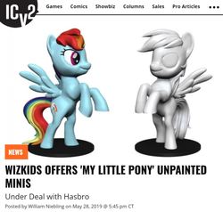 Size: 1174x1116 | Tagged: safe, rainbow dash, pegasus, pony, g4, official, 3d, announcement, female, figurine, gaming miniature, hasbro, icv2, mare, merchandise, miniature, model, prototype, text, toy, unpainted, wizkids
