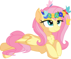 Size: 7038x5882 | Tagged: safe, artist:cyanlightning, fluttershy, butterfly, pegasus, pony, .svg available, absurd resolution, canvas, chest fluff, cute, female, floral head wreath, flower, flower in hair, folded wings, mare, prone, shyabetes, simple background, sitting, solo, transparent background, vector, wings