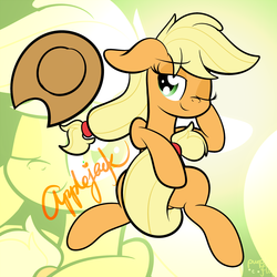 Size: 3000x3000 | Tagged: dead source, safe, artist:php142, applejack, earth pony, pony, g4, accessory, bedroom eyes, cowboy hat, cute, female, gradient background, hat, high res, hug, jackabetes, looking at you, lying down, one eye closed, solo, strategically covered, tail censor, tail hug, wink, zoom layer