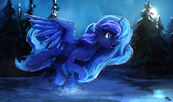 Size: 4301x2543 | Tagged: safe, artist:thefloatingtree, princess luna, alicorn, pony, g4, absurd file size, female, forest, mare, moon, night, scenery, solo, water