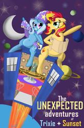 Size: 880x1340 | Tagged: safe, artist:sixes&sevens, sunset shimmer, trixie, pony, fanfic:the unexpected adventures of trixie and sunset, g4, bill & ted, bill & ted's excellent adventure, cape, clothes, dab, doctor who, fanfic, fanfic art, fanfic cover, grin, hat, map, moon, planet, shout, smiling, space, stars, tardis, trixie's cape, trixie's hat