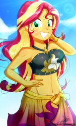 Size: 820x1360 | Tagged: safe, artist:the-butch-x, part of a set, sunset shimmer, series:butch's paradiso, equestria girls, equestria girls series, forgotten friendship, g4, adorasexy, bare shoulders, beautiful, belly button, bikini, bikini babe, blushing, breasts, busty sunset shimmer, butch's paradiso, clothes, cloud, crepuscular rays, cute, female, hand on hip, lens flare, midriff, paradiso x, sarong, sexy, shimmerbetes, sky, smiling, solo, summer sunset, swimsuit