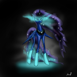 Size: 1440x1440 | Tagged: safe, artist:tracerpainter, princess luna, alicorn, pony, g4, aura, corrupted, ethereal mane, galaxy mane, glowing eyes, power-up, stars