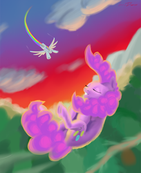 Size: 2160x2652 | Tagged: safe, artist:inersdraco, pinkie pie, rainbow dash, earth pony, pegasus, pony, fanfic:the immortal game, g4, falling, fanfic art, high res, sunset, the immortal game