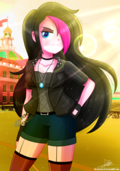 Size: 1020x1460 | Tagged: safe, artist:the-butch-x, oc, oc only, oc:zoe star pink, equestria girls, g4, badass, breasts, canterlot high, cleavage, clothes, equestria girls-ified, female, fingerless gloves, garter belt, gift art, gloves, hair over one eye, hand on hip, jacket, pants, shorts, signature, socks, solo, thigh highs, thigh socks