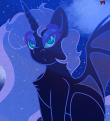 Size: 540x593 | Tagged: safe, artist:crippling depression, nightmare moon, alicorn, pony, g4, bat wings, bedroom eyes, chest fluff, cloud, cute, eyeshadow, female, looking at you, makeup, missing accessory, night, no armor, o.o, signature, solo, stars, wings