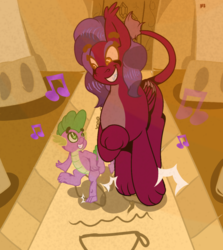 Size: 912x1024 | Tagged: safe, artist:crippling depression, spike, the sphinx, dragon, sphinx, g4, cd is trying to murder us, crack shipping, cute, dancing, egyptian, female, happy, hieroglyphs, implied elements of harmony, looking at each other, male, music, pony prance, ship:sphike, shipping, signature, spikabetes, stomping, straight, symbol, temple
