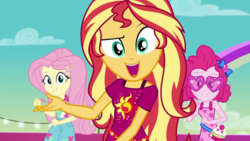 Size: 1280x720 | Tagged: safe, screencap, fluttershy, pinkie pie, sunset shimmer, equestria girls, equestria girls series, g4, i'm on a yacht, spoiler:eqg series (season 2), female, geode of fauna, geode of sugar bombs, magical geodes, trio