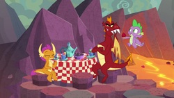 Size: 1920x1080 | Tagged: safe, screencap, garble, smolder, spike, dragon, g4, sweet and smoky, cupcake, dragoness, eyes closed, female, flying, food, lava, male, tablecloth, trio, winged spike, wings