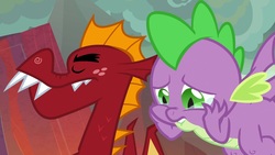 Size: 1920x1080 | Tagged: safe, screencap, garble, spike, dragon, g4, my little pony: friendship is magic, sweet and smoky, duo, male, teary eyes, winged spike, wings