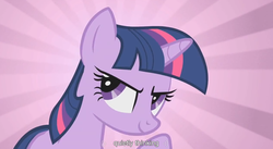 Size: 1263x691 | Tagged: safe, edit, edited screencap, screencap, twilight sparkle, pony, unicorn, g4, >:), caption, evil smile, female, meme, reaction image, smiling, smirk, solo, thinking, youtube caption