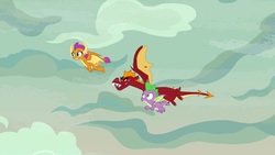 Size: 1920x1080 | Tagged: safe, screencap, garble, smolder, spike, dragon, g4, sweet and smoky, flying, winged spike, wings