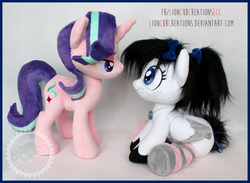 Size: 2300x1686 | Tagged: safe, artist:lioncubcreations, starlight glimmer, oc, oc:moon shine, g4, alcohol, canon x oc, couple, cute, female, irl, mare, moonshine, photo, plushie, sitting