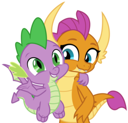 Size: 3234x3113 | Tagged: safe, artist:sketchmcreations, smolder, spike, dragon, g4, sweet and smoky, arm around neck, cute, dragoness, duo, female, high res, male, simple background, smiling, smolderbetes, spikabetes, transparent background, vector, winged spike, wings