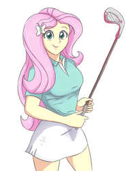 Size: 2477x3178 | Tagged: safe, artist:sumin6301, fluttershy, equestria girls, g4, clothes, female, golf, golf club, high res, simple background, skirt, smiling, solo, sports, the last of us, white background