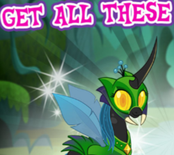 Size: 312x277 | Tagged: safe, artist:andypriceart, gameloft, idw, queen chrysalis, changeling, changeling queen, fiendship is magic, g4, the cutie re-mark, spoiler:comic, spoiler:comicfiendshipismagic5, advertisement, armor, changeling armor, comic, female, holeless, idw showified, implied multeity, limited-time story, looking at you, meme, my little pony game, my little pony logo, orb, solo, troy, wow! glimmer