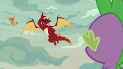 Size: 1920x1080 | Tagged: safe, screencap, garble, smolder, spike, dragon, g4, sweet and smoky, dragoness, female, flying, loser, male, spread wings, winged spike, wings