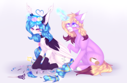 Size: 3931x2560 | Tagged: safe, artist:honeybbear, oc, oc only, oc:beatz, oc:cocoa butter, nocturnal howler, original species, pegasus, pony, unicorn, female, high res, magic, mare, scissors, two toned wings, wings