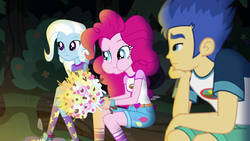 Size: 1280x720 | Tagged: safe, screencap, flash sentry, pinkie pie, trixie, equestria girls, g4, my little pony equestria girls: legend of everfree, camp everfree logo, camp everfree outfits, clothes, female, food, legs, male, marshmallow, shorts, socks