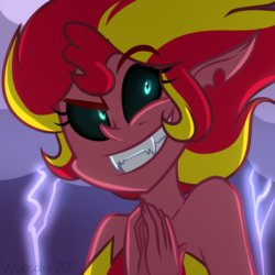 Size: 1000x1000 | Tagged: safe, artist:wubcakeva, sunset shimmer, equestria girls, g4, clothes, cloud, dark clouds, female, lightning, sharp teeth, smiling, smirk, solo, sunset satan, teeth
