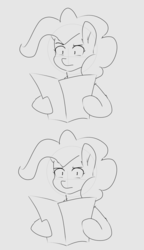 Size: 1327x2306 | Tagged: safe, artist:c0pter, pinkie pie, earth pony, pony, g4, 2 panel comic, comic, female, grayscale, looking at you, monochrome, sketch, solo, what the fuck am i reading, wut face