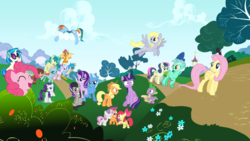 Size: 3840x2160 | Tagged: safe, edit, edited screencap, editor:joeydr, screencap, apple bloom, applejack, bon bon, derpy hooves, dj pon-3, fluttershy, gallus, lyra heartstrings, ocellus, octavia melody, pinkie pie, rainbow dash, rarity, sandbar, scootaloo, silverstream, smolder, spike, starlight glimmer, sweetie belle, sweetie drops, trixie, twilight sparkle, vinyl scratch, yona, alicorn, changedling, changeling, classical hippogriff, dragon, earth pony, griffon, hippogriff, pegasus, pony, unicorn, yak, g4, applejack's hat, bow, bush, cloud, confused, cowboy hat, cutie mark crusaders, everypony, eye contact, eyes closed, female, filly, flower, flying, frown, glare, grin, happy, hat, headphones, high res, lidded eyes, looking at each other, looking back, male, mane seven, mane six, mare, open mouth, pose, prone, raised eyebrow, raised hoof, scroll, sitting, sleeping, smiling, smirk, spread wings, squee, stallion, student six, sunglasses, twilight sparkle (alicorn), wall of tags, wide eyes, wings