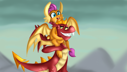 Size: 1280x720 | Tagged: safe, artist:jbond, garble, smolder, dragon, g4, brother and sister, cute, dragon lands, dragoness, dragons riding dragons, duo, duo male and female, female, gardorable, male, open mouth, riding, siblings, smolder riding garble, smolderbetes, teenaged dragon, teenager