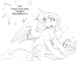 Size: 1280x1006 | Tagged: safe, artist:silfoe, princess luna, oc, oc:pterus, alicorn, bat pony, pony, royal sketchbook, adopted offspring, adorable distress, bat pony oc, biting, black and white, colt, cute, dialogue, fangs, female, grayscale, implied twilight sparkle, male, mare, monochrome, mother and son, offscreen character, parent:princess luna, parent:twilight sparkle, parents:twiluna, simple background, speech bubble, white background