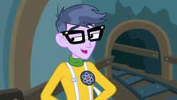 Size: 1280x720 | Tagged: safe, screencap, microchips, all the world's off stage, equestria girls, equestria girls series, g4, all the world's off stage: micro chips, clothes, cyoa, glasses, male, smiling, solo