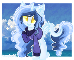 Size: 1540x1260 | Tagged: safe, artist:snowshy16, oc, oc only, pony, unicorn, base used, blushing, clothes, female, leonine tail, mare, solo, sweater