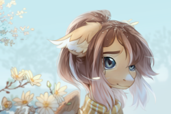 Size: 3580x2388 | Tagged: safe, artist:aphphphphp, oc, oc only, pegasus, pony, clothes, ear fluff, female, flower, high res, mare, pollen, ponytail, scarf, slit pupils, smiling, solo