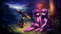Size: 1600x906 | Tagged: safe, artist:l1nkoln, twilight sparkle, oc, alicorn, pony, semi-anthro, g4, alicorn oc, arm hooves, canon x oc, combined magic, commission, crescent moon, female, heart, jewelry, lesbian, magical heart, mare, moon, necklace, night, ponytail, scenery, shipping, sitting, smiling, star of david, stars, telescope, transparent moon, twilight sparkle (alicorn)