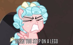 Size: 916x564 | Tagged: safe, edit, edited screencap, screencap, cozy glow, pegasus, pony, frenemies (episode), g4, caption, cozy glow is best facemaker, cozy glow is not amused, faic, female, filly, foal, image macro, lego, solo, stepping on a lego, text