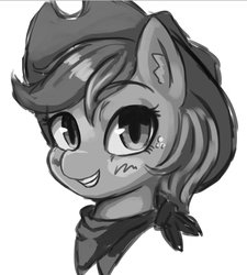 Size: 811x901 | Tagged: safe, artist:kunshomo, applejack, earth pony, pony, g4, clothes, female, looking at you, mare, monochrome, scarf, smiling, solo