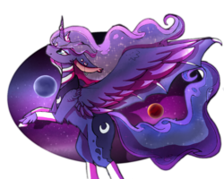 Size: 1024x820 | Tagged: safe, artist:kitsentuu, princess luna, alicorn, pony, g4, ear piercing, female, horn, horn jewelry, hybrid wings, jewelry, looking up, mare, partial background, piercing, planet, rearing, solo, space, spread wings, wings