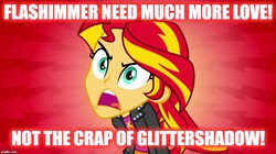 Size: 888x499 | Tagged: safe, edit, edited screencap, screencap, sunset shimmer, equestria girls, g4, my little pony equestria girls, caption, grammar error, image macro, impact font, implied flash sentry, implied flashimmer, implied glitter drops, implied glittershadow, implied lesbian, implied shipping, implied straight, implied tempest shadow, meme, op is a duck, shipping war, text