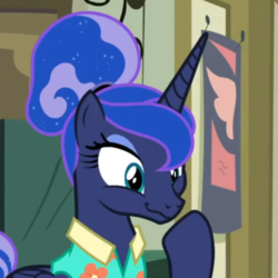 Size: 689x689 | Tagged: safe, screencap, princess luna, alicorn, pony, between dark and dawn, g4, alternate hairstyle, clothes, female, hair bun, shirt, that pony sure does love the post office, wavy mouth