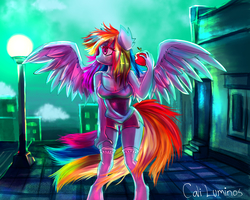 Size: 3125x2500 | Tagged: safe, artist:cali luminos, rainbow dash, pegasus, anthro, g4, apple, clothes, food, high res, shirt, shorts, socks