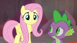 Size: 1920x1080 | Tagged: safe, screencap, fluttershy, spike, dragon, pegasus, pony, g4, sweet and smoky, female, male, smiling, winged spike, wings