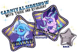 Size: 1325x888 | Tagged: safe, artist:techycutie, starlight glimmer, trixie, pony, unicorn, g4, bunny suit, cape, circus, clothes, cuffs (clothes), curtains, glowing horn, horn, lights, magic, sparkles, telekinesis, trixie's cape