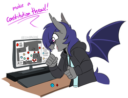 Size: 855x658 | Tagged: safe, artist:redxbacon, oc, oc only, oc:dusk rhine, bat pony, anthro, anthro oc, clothes, computer, dice, dungeons and dragons, excited, glasses, hoodie, male, nerd, pen and paper rpg, rpg, solo, tabletop game