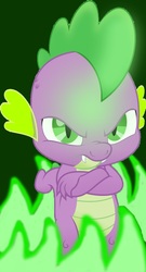 Size: 657x1216 | Tagged: safe, edit, editor:undeadponysoldier, spike, dragon, g4, my little pony: the movie, angry, badass, crossed arms, edgy, fire, furious, green background, green fire, looking at you, male, simple background, solo