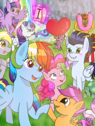 Size: 600x800 | Tagged: safe, artist:soarintothesky, cheese sandwich, derpy hooves, pinkie pie, rainbow dash, rarity, scootaloo, soarin', spike, sweetie belle, tank, twilight sparkle, alicorn, pony, g4, balloon, female, food, implied shipping, implied straight, male, muffin, rainbow falls (location), ship:soarindash, shipping, straight, twilight sparkle (alicorn)