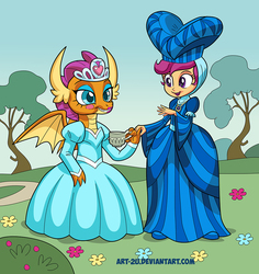 Size: 992x1052 | Tagged: safe, artist:art-2u, scootaloo, smolder, dragon, equestria girls, g4, clothes, cup, cute, cutealoo, dragoness, dress, duo, female, girly, lipstick, princess smolder, puffy sleeves, smolder also dresses in style, smolderbetes, teacup, tomboy taming